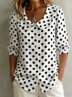 Women's retro polka dot three-quarter sleeve loose cardigan shirt from FitiqueFit, casual wear with a relaxed fit and vintage style.