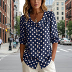 Women's retro polka dot three-quarter sleeve loose cardigan shirt by FitiqueFit, featuring a casual, vintage-inspired design.
