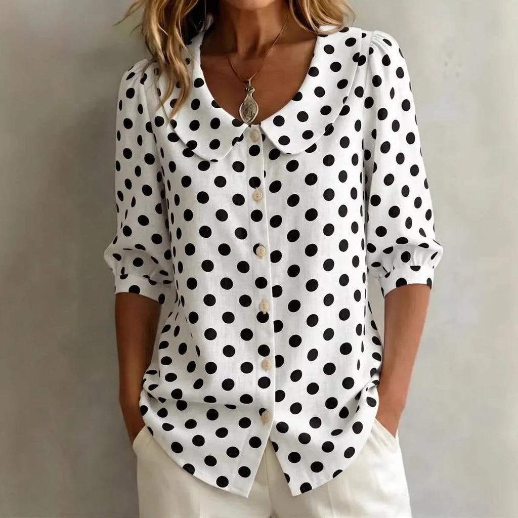 Women's retro polka dot three-quarter sleeve loose cardigan shirt by FitiqueFit, casual wear with a vintage-inspired design.