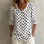 Women's retro polka dot three-quarter sleeve loose cardigan shirt by FitiqueFit, casual wear with a vintage-inspired design.