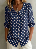 Women's retro polka dot three-quarter sleeve loose cardigan shirt from FitiqueFit, featuring a casual, vintage-inspired design.