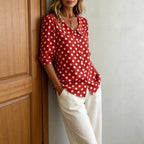 Women's retro polka dot three-quarter sleeve loose cardigan shirt, casualwear by FitiqueFit featuring a vintage style and lightweight fabric.