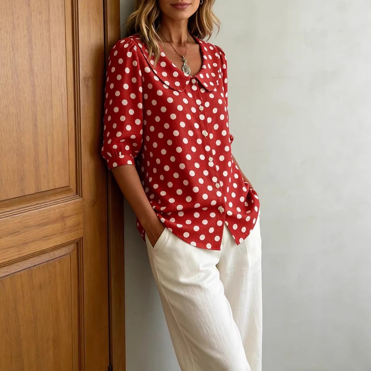 Women's retro polka dot three-quarter sleeve loose cardigan shirt, casualwear by FitiqueFit featuring a vintage style and lightweight fabric.
