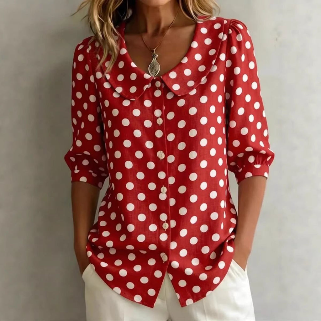 Women's retro polka dot three-quarter sleeve loose cardigan shirt, casualwear by FitiqueFit, with a relaxed fit and vintage style.