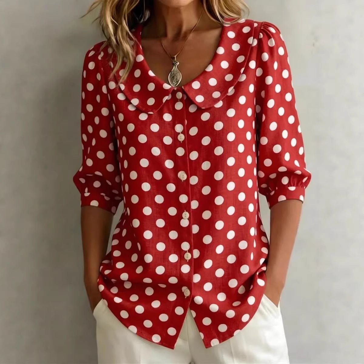Women's retro polka dot three-quarter sleeve loose cardigan shirt, casualwear by FitiqueFit, with a relaxed fit and vintage style.