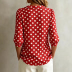 Women's retro polka dot three-quarter sleeve loose cardigan shirt by FitiqueFit, featuring a casual, vintage-inspired design.