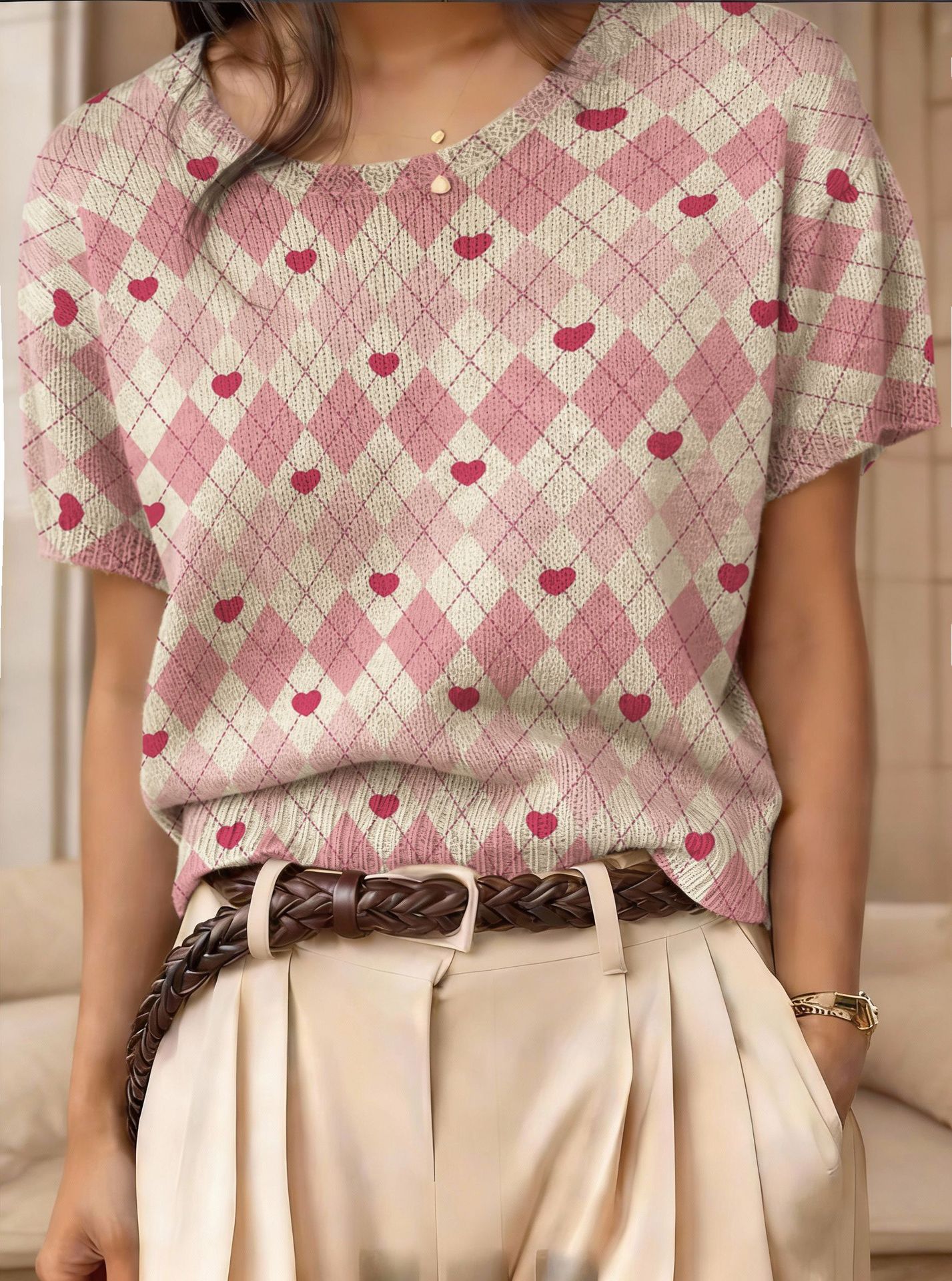 Women's retro short-sleeve jacquard knit top by FitiqueFit, showcasing a stylish vintage-inspired casualwear design with intricate patterns.