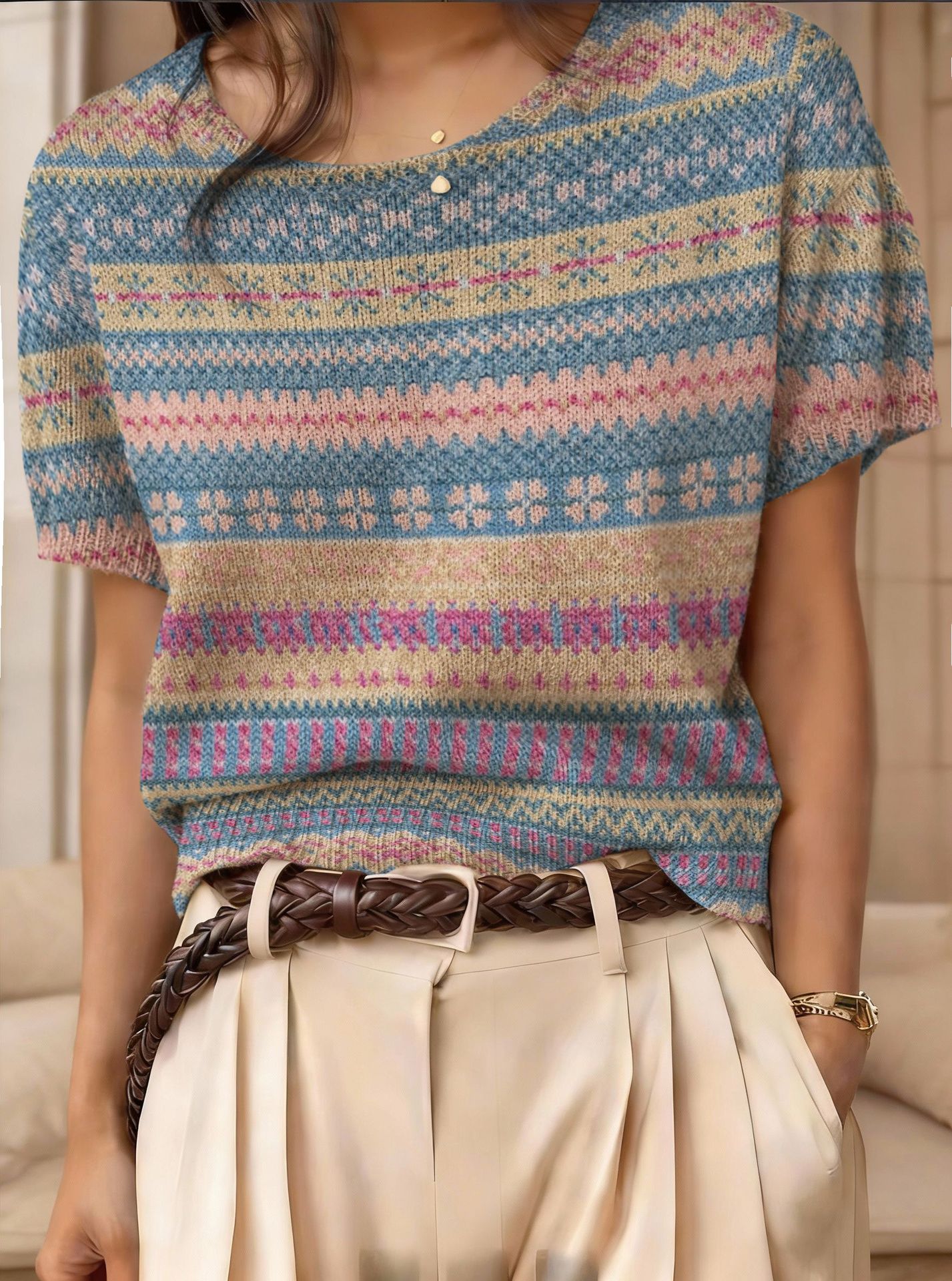 Women's retro short-sleeve jacquard knit top by FitiqueFit, featuring a vintage-inspired pattern and casual style.