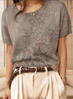 Women's retro short-sleeve jacquard knit top by FitiqueFit, featuring a vintage-inspired design and textured knit fabric.