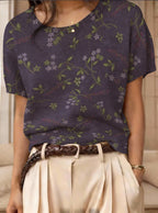 Women’s retro short-sleeve jacquard knit top by FitiqueFit, showcasing intricate pattern and casual style.