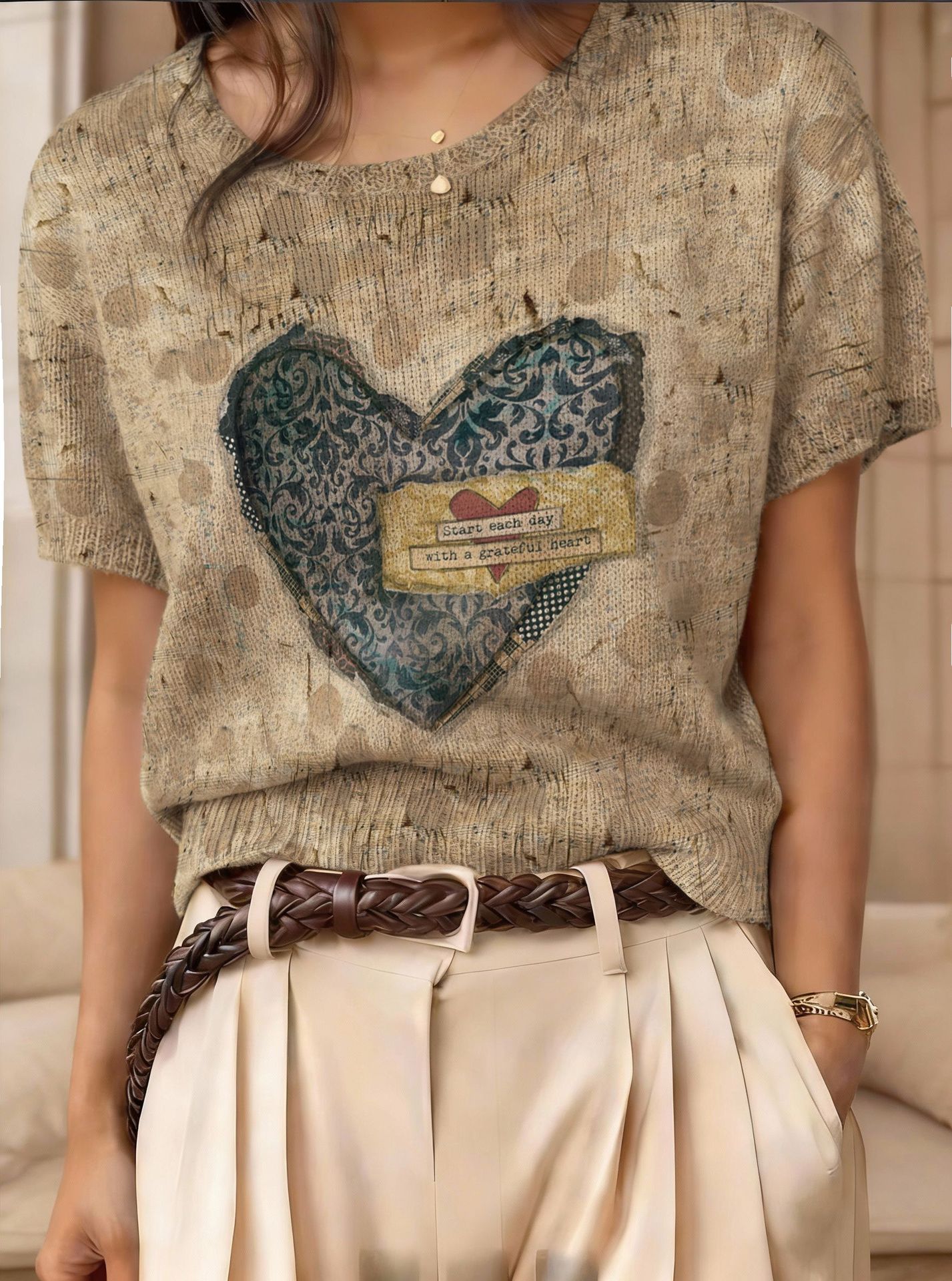 Women's retro short-sleeve jacquard knit top by FitiqueFit, featuring a vintage-inspired pattern and casual fit.