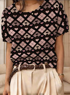 Women's retro short-sleeve jacquard knit top by FitiqueFit, featuring a stylish vintage-inspired casualwear design.