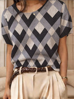 Women's retro short-sleeve jacquard knit top by FitiqueFit, featuring a vintage-inspired pattern and casual fit.