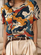 Women's retro short-sleeve jacquard knit top from FitiqueFit, featuring a stylish pattern and casual wear design.