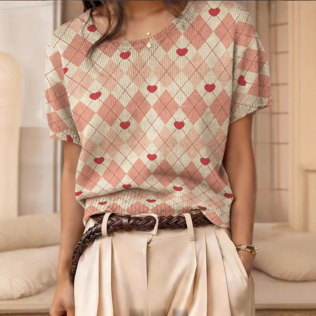 Women's retro short-sleeve jacquard knit top by FitiqueFit, featuring a stylish vintage-inspired design and textured fabric.