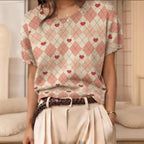 Women's retro short-sleeve jacquard knit top by FitiqueFit, featuring a stylish vintage-inspired design and textured fabric.