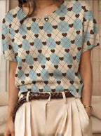 Women's retro short-sleeve jacquard knit top by FitiqueFit, featuring a stylish vintage-inspired design and textured knit fabric.