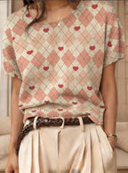 Women's retro short-sleeve jacquard knit top by FitiqueFit, showcasing a stylish casualwear design with intricate knit pattern.