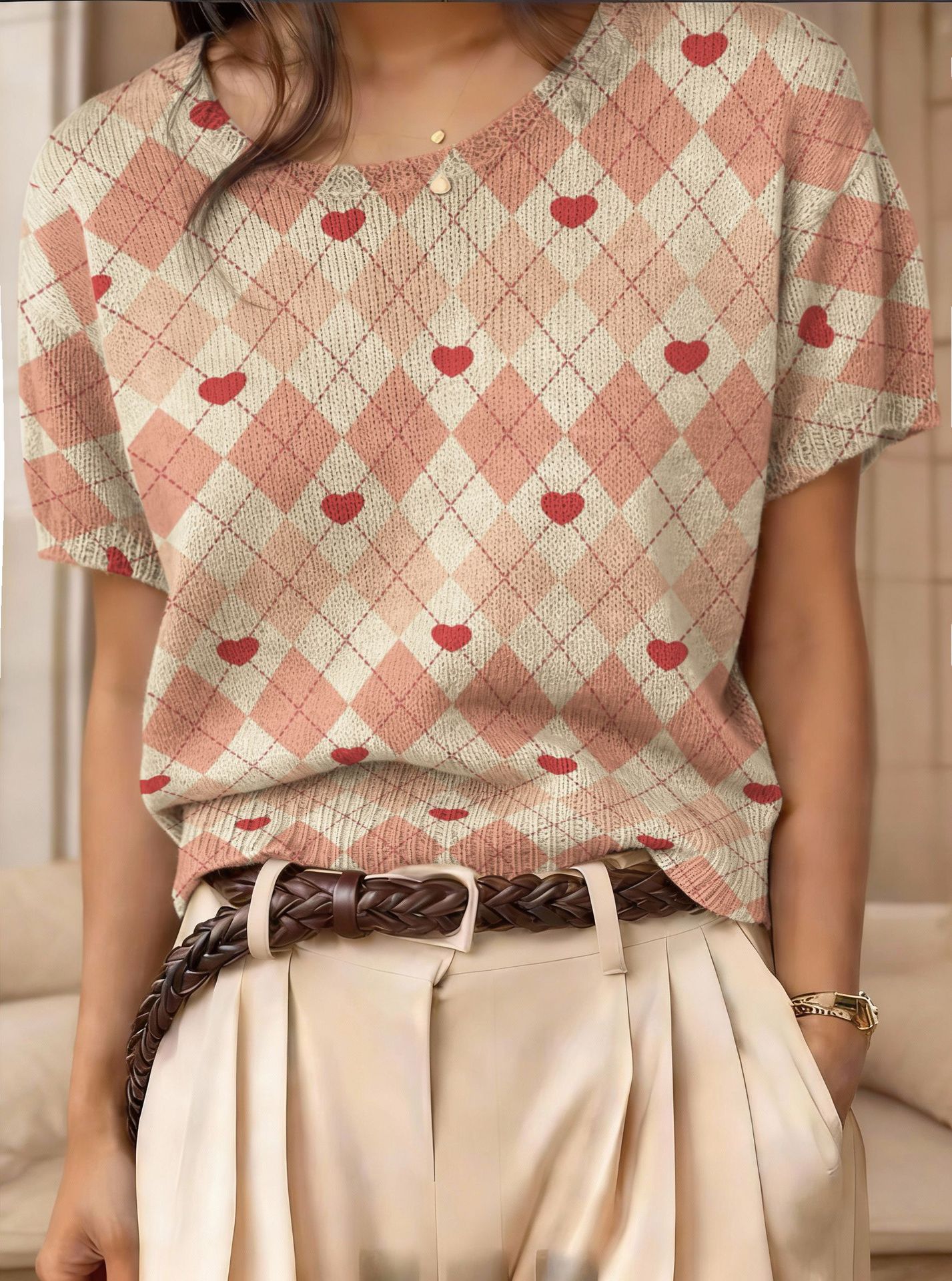 Women's retro short-sleeve jacquard knit top by FitiqueFit, showcasing a stylish casualwear design with intricate knit pattern.