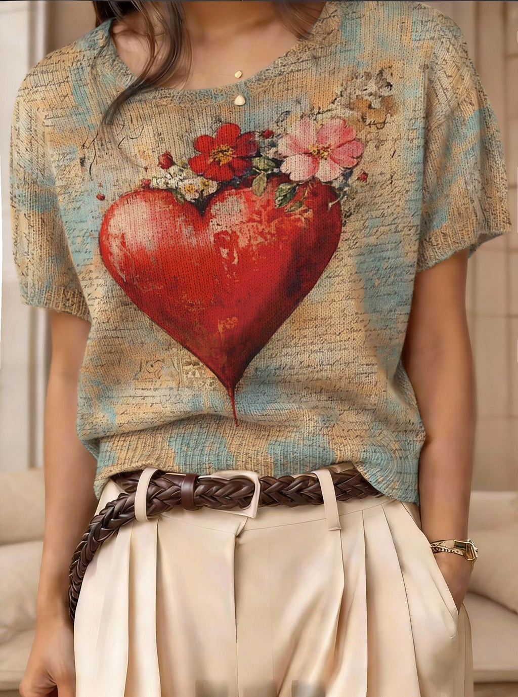 Women's retro short-sleeve jacquard knit top by FitiqueFit, showcasing a stylish vintage-inspired casualwear design.