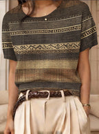 Women's retro short-sleeve jacquard knit top by FitiqueFit, featuring a stylish pattern and casual fit.