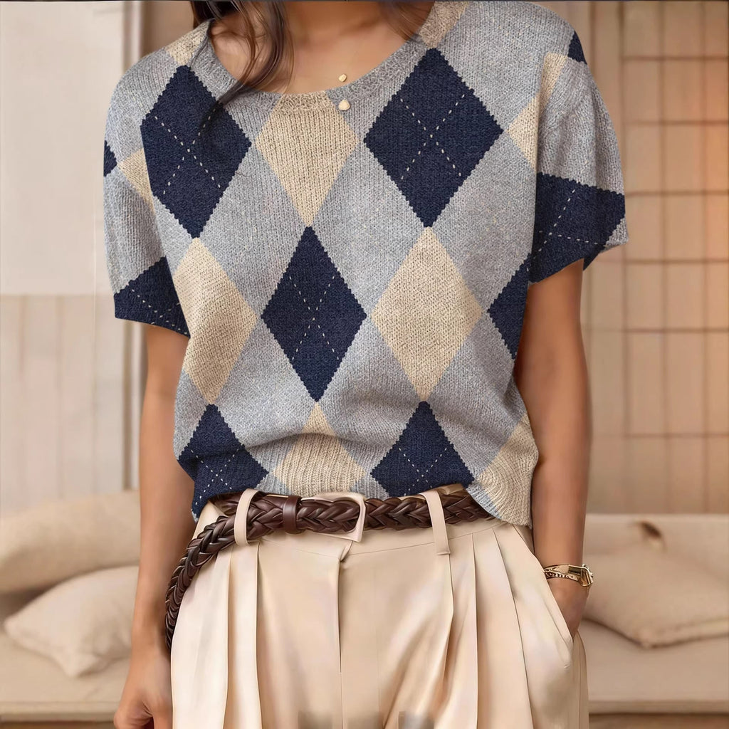 Women's retro short-sleeve jacquard knit top by FitiqueFit, showcasing a stylish casualwear design with intricate knit pattern.