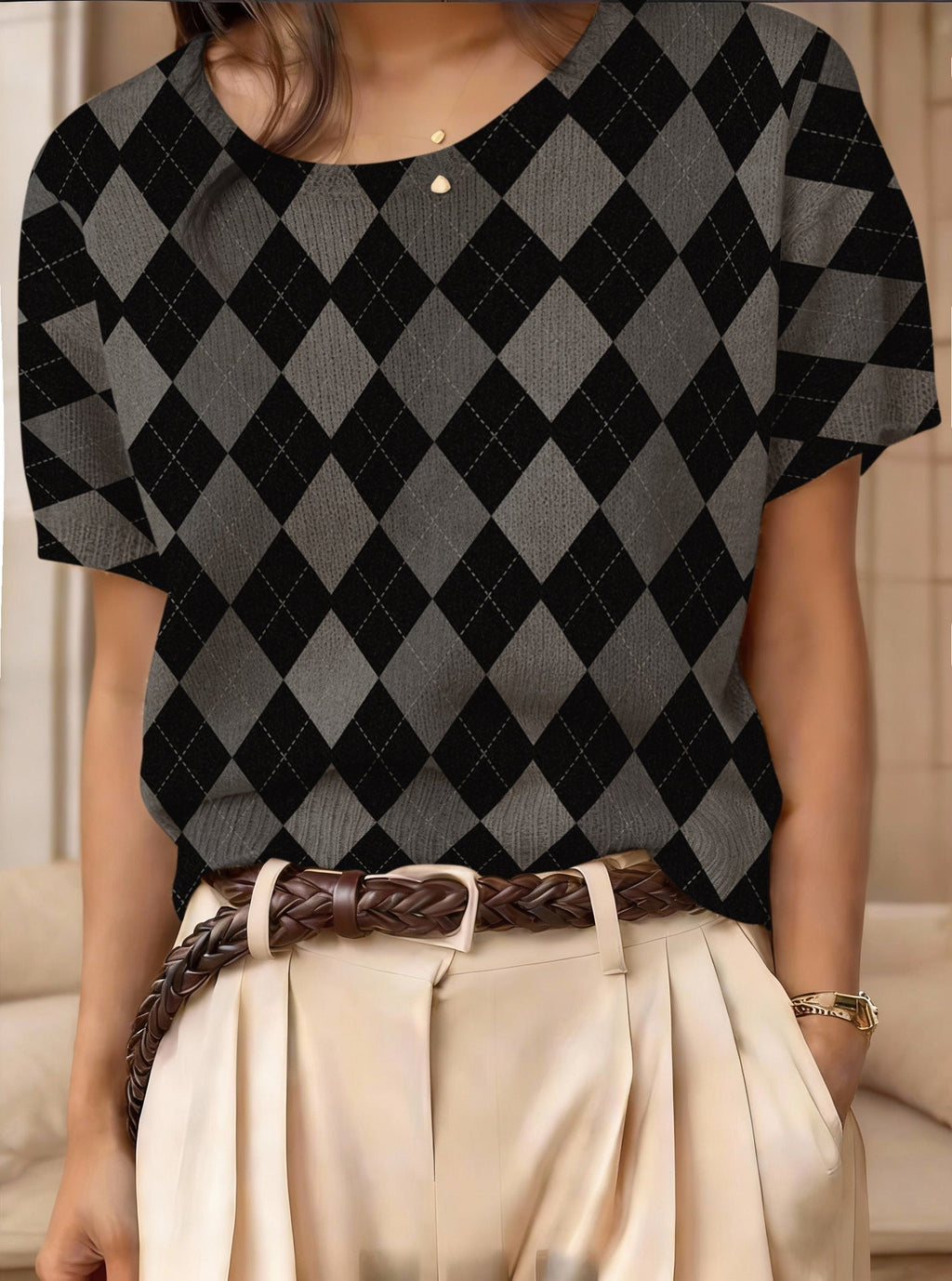 Women's retro short-sleeve jacquard knit top by FitiqueFit, featuring a stylish vintage-inspired design and textured fabric.