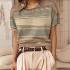Women's retro short-sleeve jacquard knit top by FitiqueFit, featuring a stylish pattern and casual fit, perfect for everyday wear.