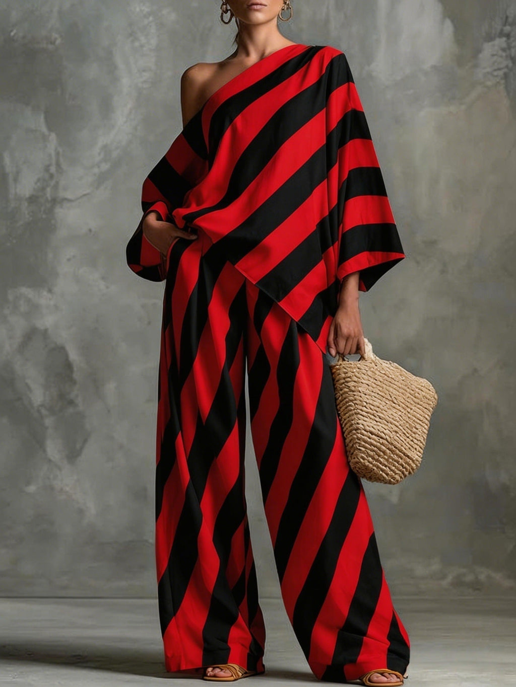 Women's retro striped batwing top and wide-leg pants set by FitiqueFit, casual vintage 2-piece outfit with bold stripe pattern.