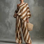 Women's retro striped batwing top and wide-leg pants set by FitiqueFit, casual vintage 2-piece outfit with bold stripes.