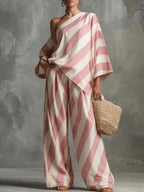 Women's retro striped batwing top and wide-leg pants set by FitiqueFit, casual vintage 2-piece outfit with bold stripe pattern.
