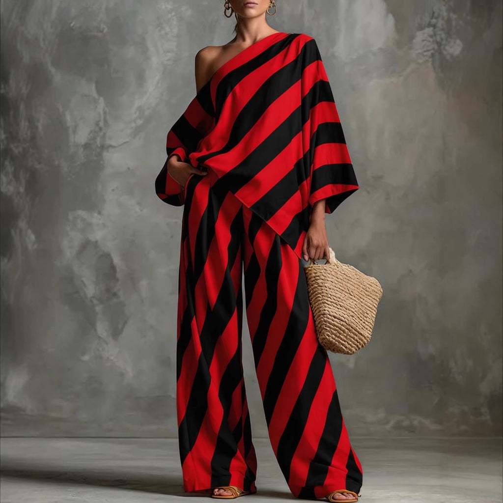 Women's retro striped batwing top and wide-leg pants set, vintage casualwear by FitiqueFit featuring bold stripes and relaxed fit.