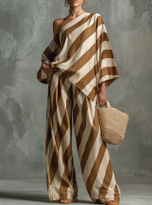 Women's retro striped batwing top and wide-leg pants set by FitiqueFit, casual vintage 2-piece outfit with bold stripes.