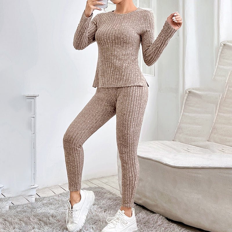 Women’s ribbed knit long-sleeve tee and pants lounge set by FitiqueFit, soft casualwear for comfortable relaxation.