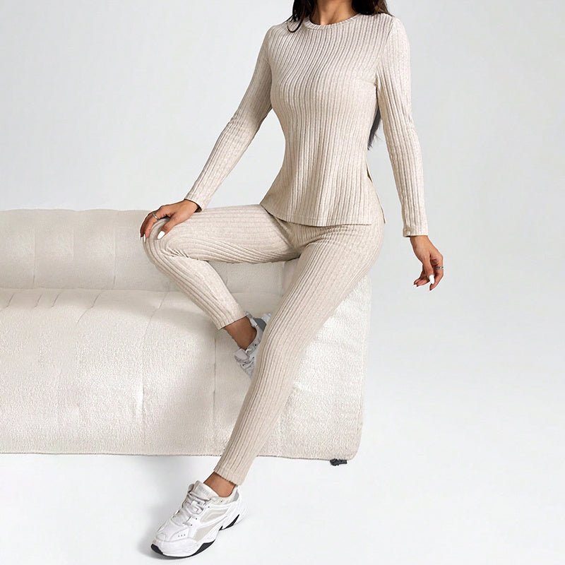 Women’s ribbed knit long-sleeve tee and pants lounge set by FitiqueFit, soft casualwear for relaxed indoor comfort.
