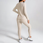 Women’s ribbed knit long-sleeve tee and matching pants lounge set by FitiqueFit, soft and comfortable casualwear for relaxed days.