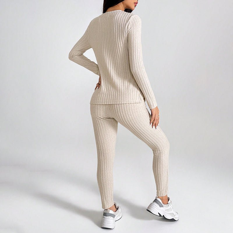 Women’s ribbed knit long-sleeve tee and matching pants lounge set by FitiqueFit, soft and comfortable casualwear for relaxed days.