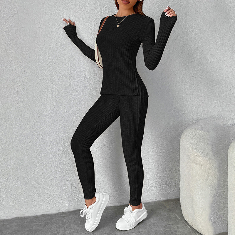 Women’s ribbed knit long-sleeve tee and pants lounge set by FitiqueFit, casualwear with cozy ribbed texture and relaxed fit.