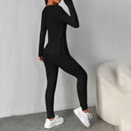 Women’s ribbed knit long-sleeve tee and pants lounge set by FitiqueFit, featuring a cozy, casualwear ensemble with a relaxed fit.