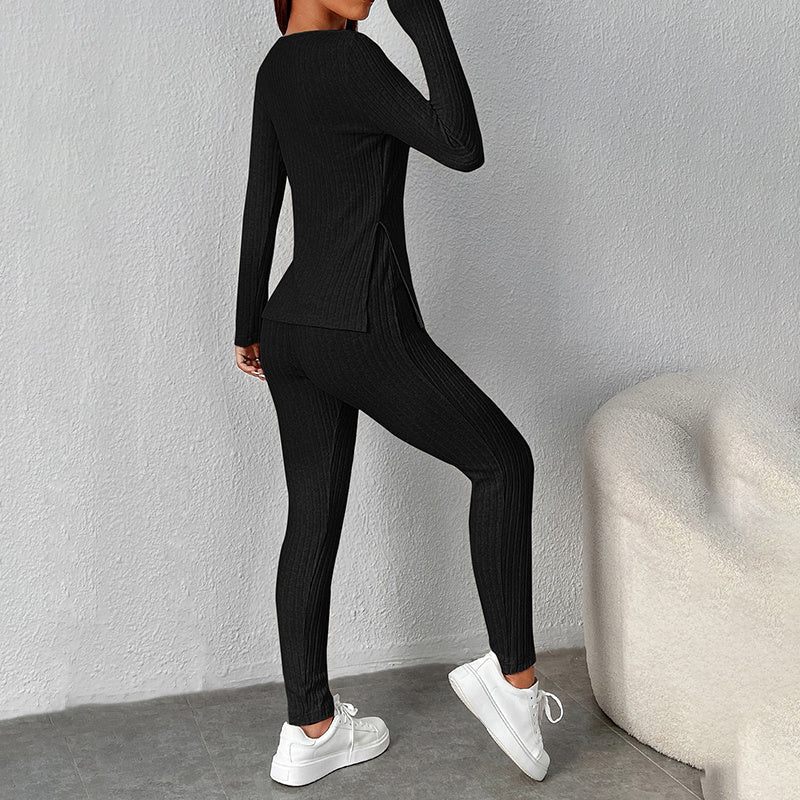Women’s ribbed knit long-sleeve tee and pants lounge set by FitiqueFit, featuring a cozy, casualwear ensemble with a relaxed fit.