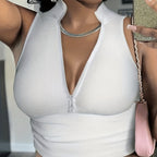 Women's ribbed V-neck zipper camisole from FitiqueFit, casualwear, showing the fitted ribbed fabric and V-neck design.