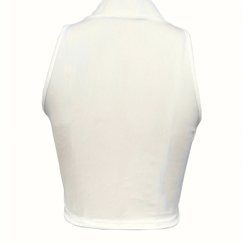 Women’s ribbed V-neck zipper camisole by FitiqueFit, casualwear, shown in natural beige with ribbed fabric and front zipper detail.