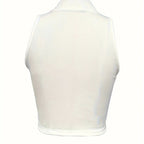 Women’s ribbed V-neck zipper camisole by FitiqueFit, casualwear, shown in natural beige with ribbed fabric and front zipper detail.