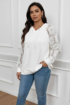 White women's long sleeve hoodie with round neck and lace paneling, featuring hollow-out design from FitiqueFit.