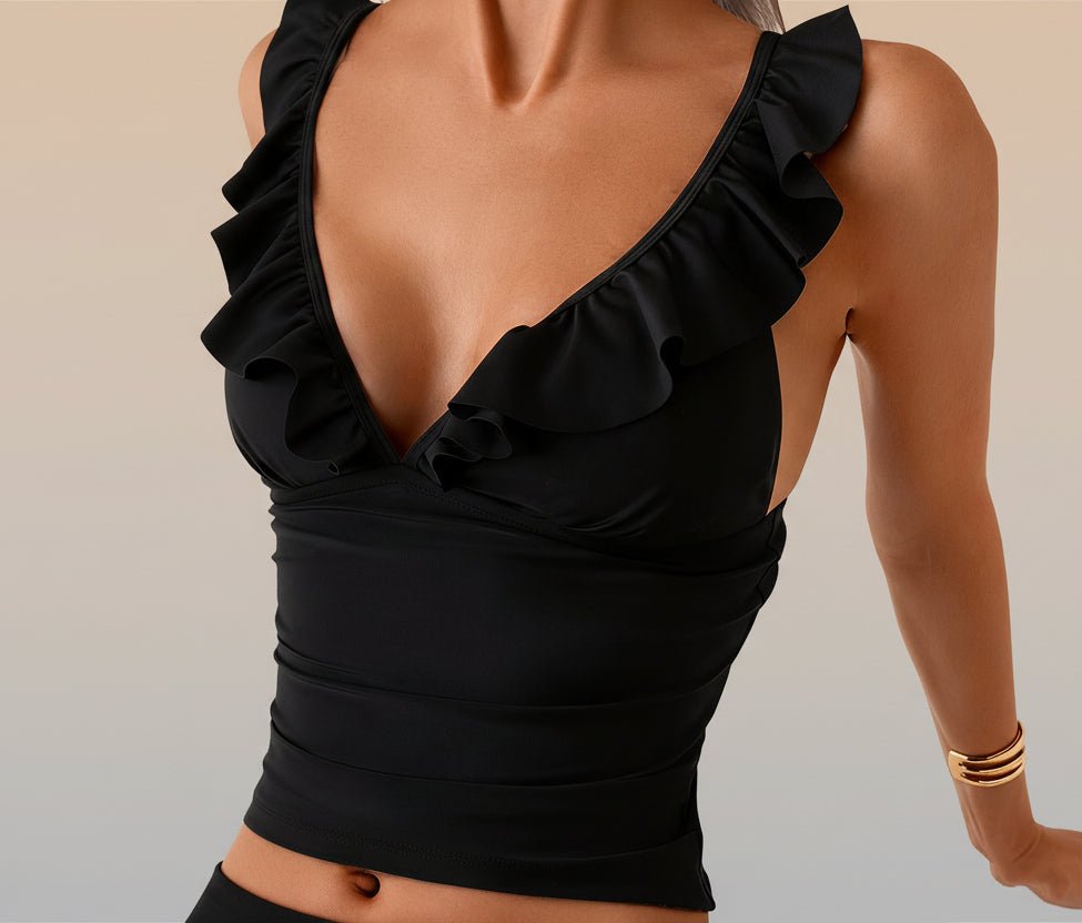 Women's ruffle trim bikini three-piece swimsuit set by FitiqueFit featuring stylish ruffle details and casual swimwear design.