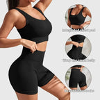 Women's seamless ribbed yoga set by FitiqueFit, featuring a fitted top and leggings in soft, stretchable activewear fabric.