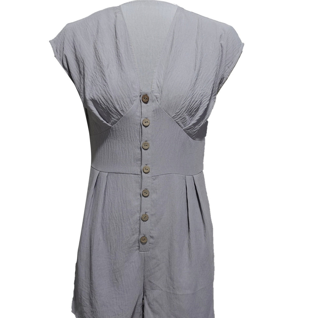 Women’s casual FitiqueFit short button-front jumpsuit with V-neck and patchwork design, perfect for stylish everyday wear.