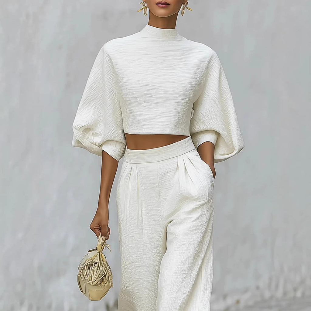 Women’s casual short top and high-waisted pants set by FitiqueFit, featuring a stylish two-piece outfit for everyday wear.