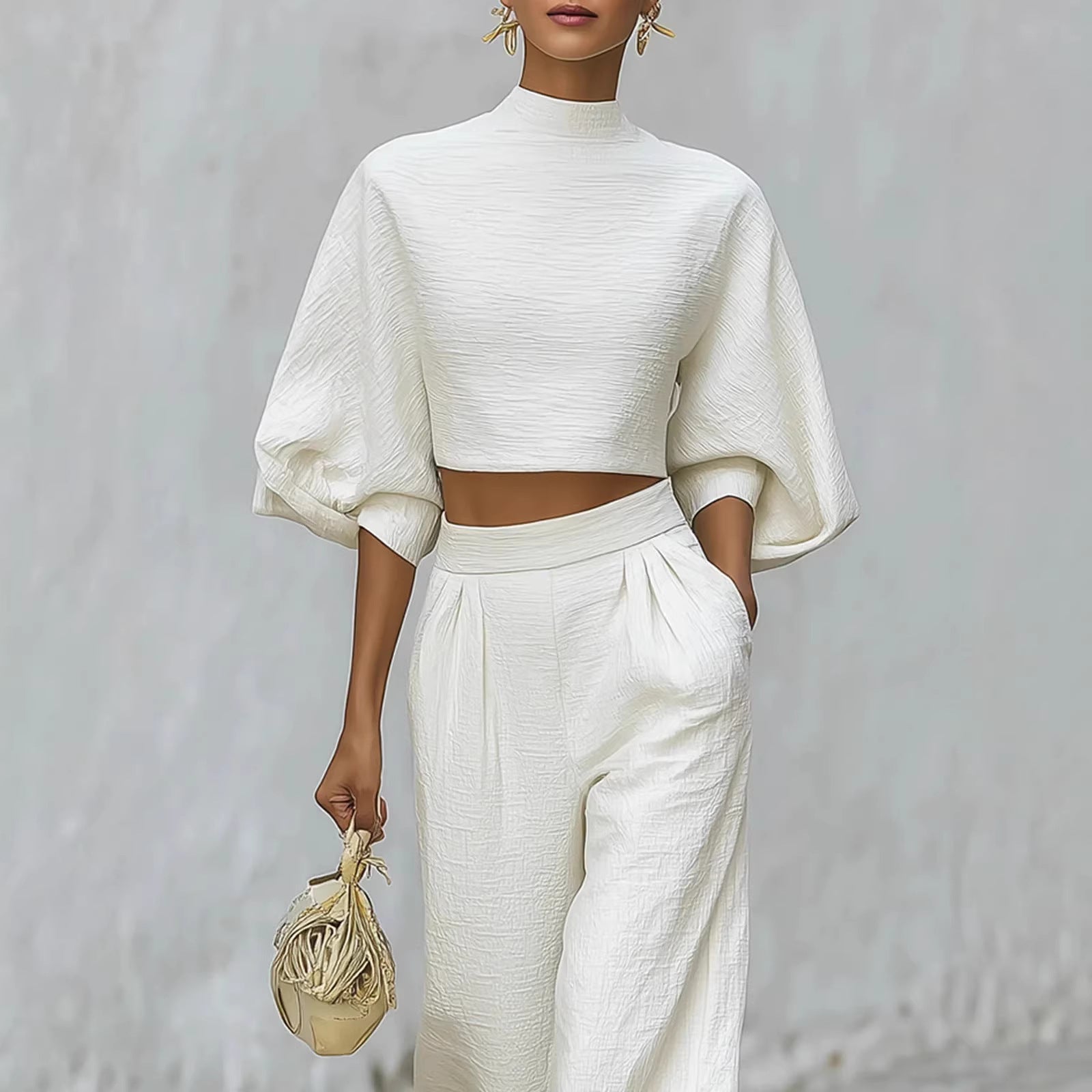 Women’s casual short top and high-waisted pants set by FitiqueFit, featuring a stylish two-piece outfit for everyday wear.