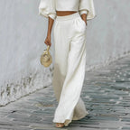 Women’s casual short top and high-waisted pants set by FitiqueFit, featuring a relaxed fit two-piece outfit for everyday wear.